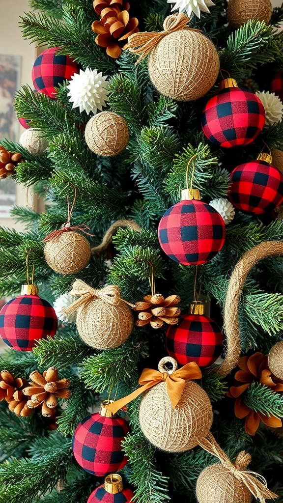 A beautifully decorated Christmas tree featuring Buffalo plaid ornaments, twine balls, and natural pinecones.