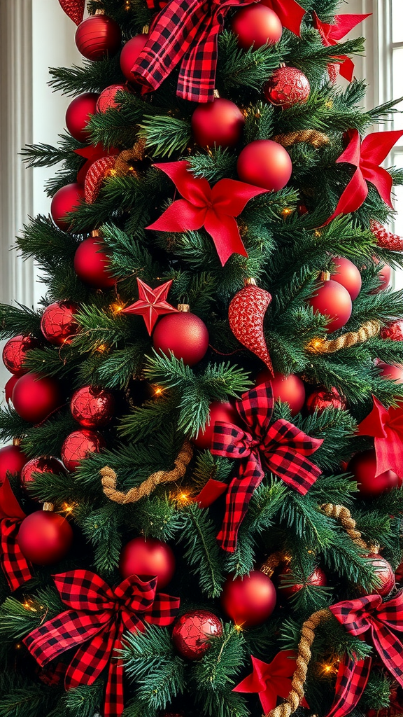 Close-up of a beautifully decorated Christmas tree featuring red ornaments and Buffalo plaid ribbons.