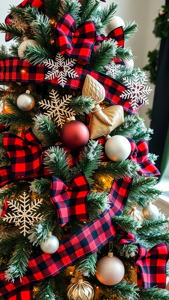 A beautifully decorated Christmas tree featuring Buffalo Plaid ribbons and snowflake ornaments.