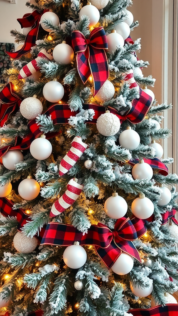 A beautifully decorated Christmas tree featuring Buffalo Plaid ribbons and white ornaments.