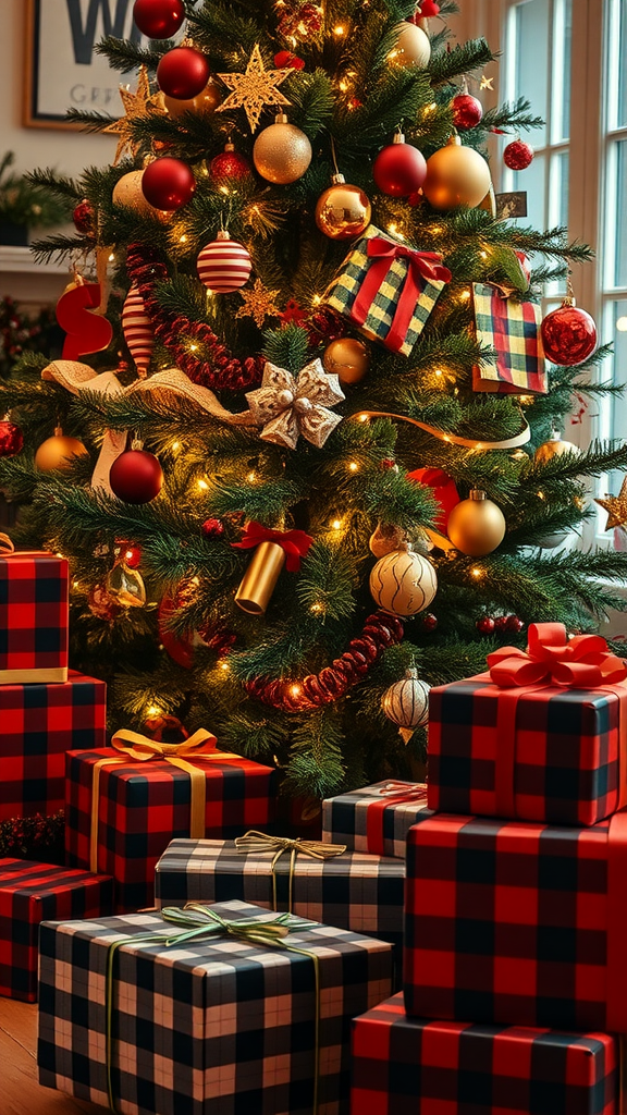 A beautifully decorated Christmas tree with Buffalo plaid gift wrapping, showcasing ornaments and lights.