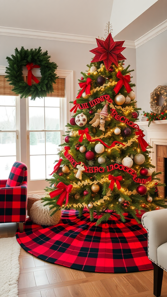 A beautifully decorated Christmas tree with a Buffalo Plaid tree skirt.