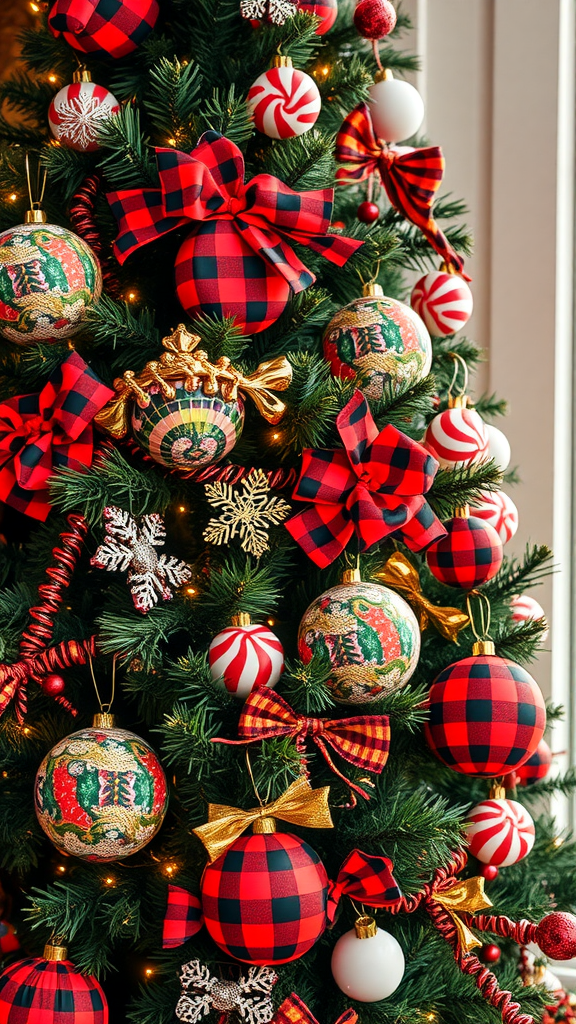 A beautifully decorated Christmas tree featuring Buffalo plaid ornaments and candy decorations.