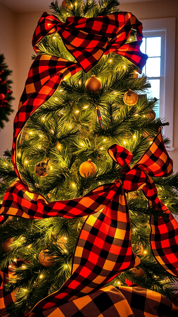 A beautifully decorated Christmas tree with Buffalo Plaid ribbon and fairy lights.