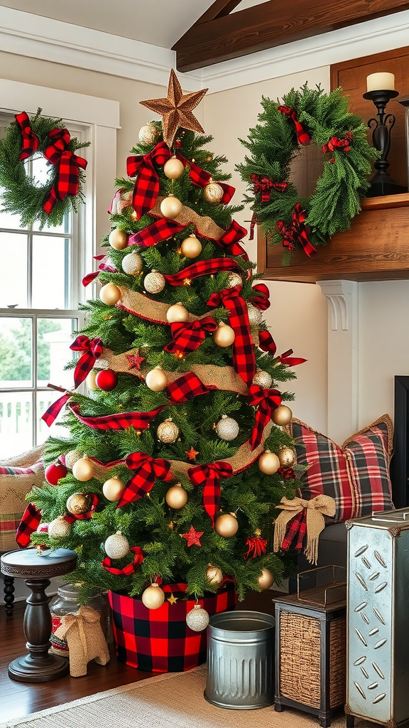 A beautifully decorated Buffalo Plaid Christmas tree with ornaments and ribbons in a cozy room.