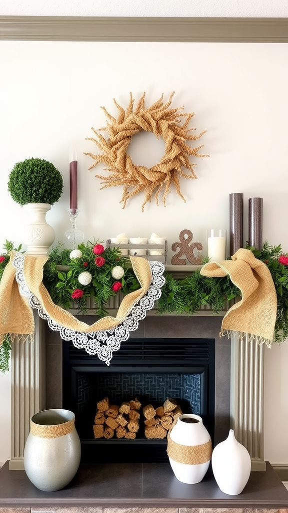 A rustic Christmas mantle featuring burlap and lace decorations, with a wreath, vases, and greenery.