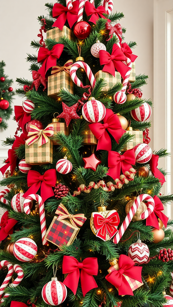 A beautifully decorated Christmas tree with red ribbons, ornaments, and buffalo plaid decorations.