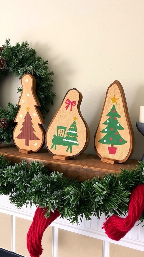 Wooden Christmas tree slice decorations on a mantle with greenery and red accents