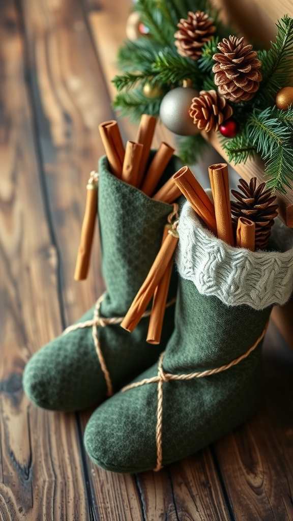 Rustic Christmas stockings filled with cinnamon sticks and accented with pine cones