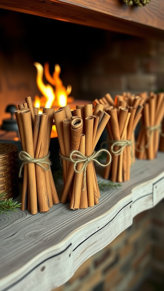 Bundles of cinnamon sticks tied with twine, displayed on a rustic wooden mantle near a fireplace.