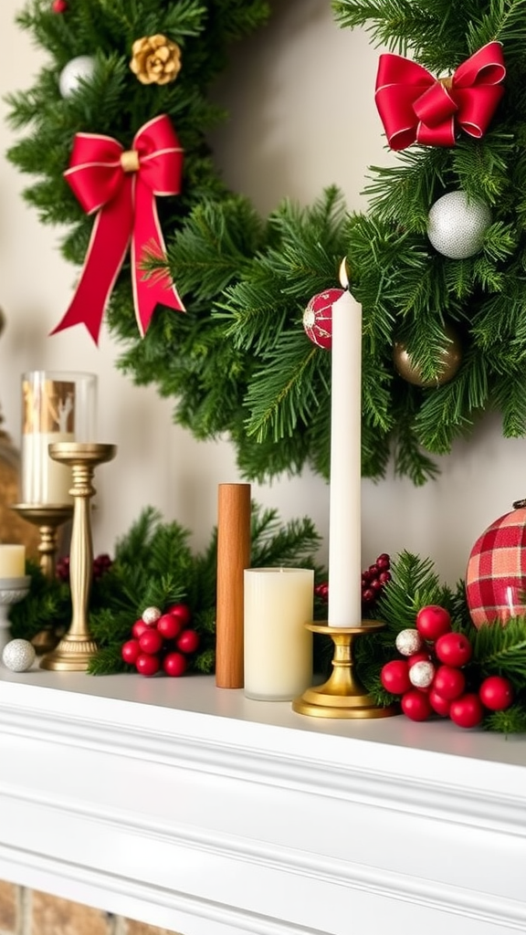 Cinnamon stick candle holders on a festive mantel with holiday decorations