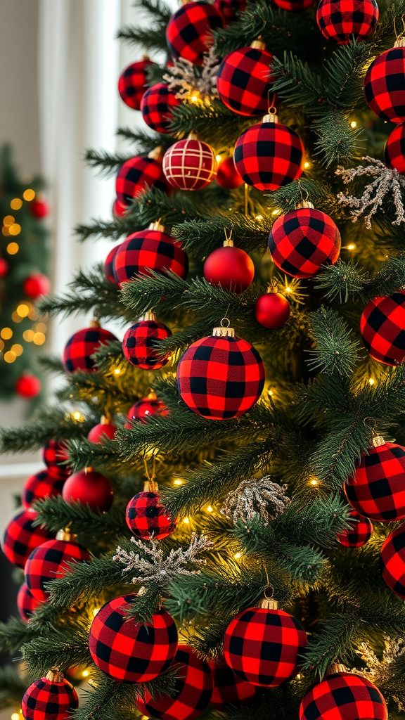 A beautifully decorated Christmas tree featuring red and black Buffalo plaid ornaments and warm lights.