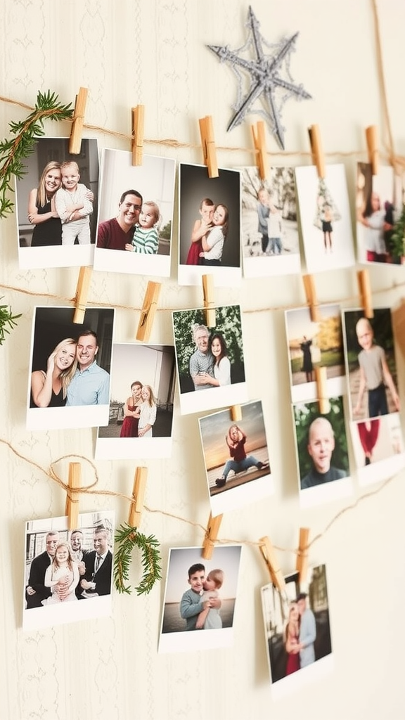 Clothespin photo display with family pictures and rustic decorations