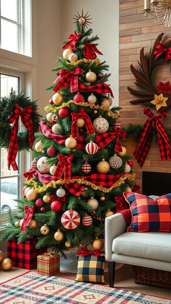 A beautifully decorated Buffalo Plaid Christmas tree with red and black ribbons, gold ornaments, and coordinating pillows.