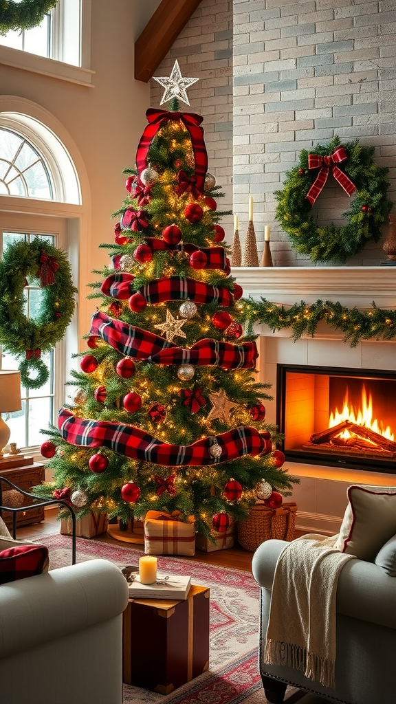 Cozy living room with a Buffalo Plaid Christmas tree and warm decorations.