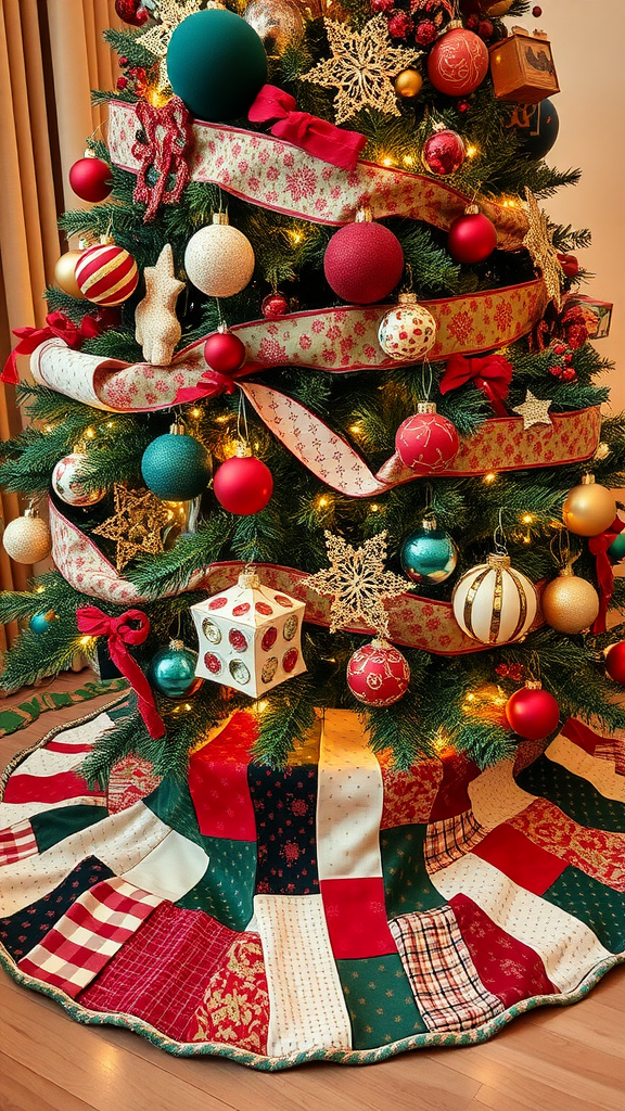 A colorful, patchwork DIY Christmas tree skirt under a beautifully decorated Christmas tree.