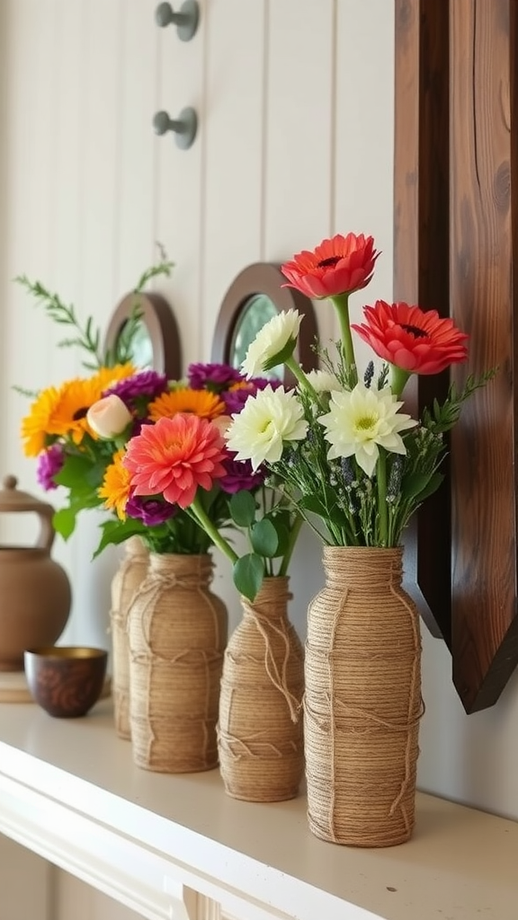 Three twine wrapped vases with colorful flowers on a shelf