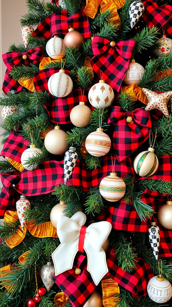 A beautifully decorated Christmas tree featuring Buffalo plaid ribbons and assorted ornaments.