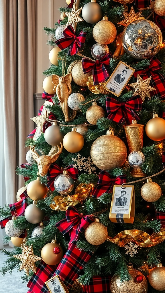 A beautifully decorated Christmas tree featuring gold ornaments, Buffalo plaid ribbons, and festive decorations.