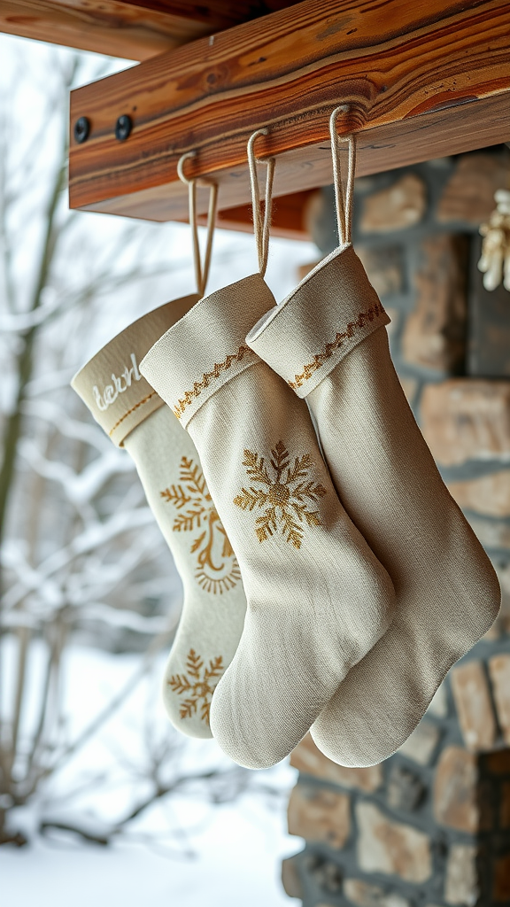 Three embroidered linen stockings hanging on a wooden beam, surrounded by snow.