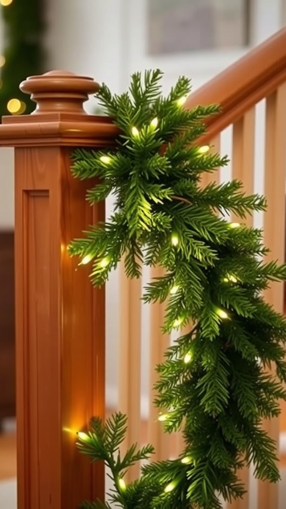 A lush evergreen garland adorned with warm lights wrapped around a wooden banister, creating a festive atmosphere.