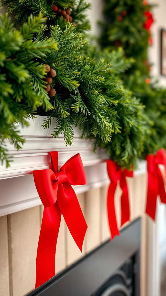 A close-up of a green evergreen garland with red bows on a mantel