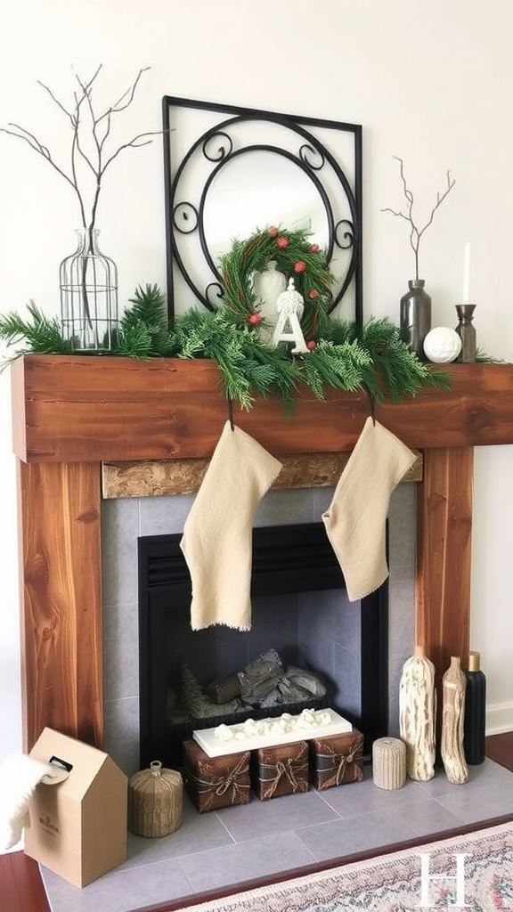 A rustic Christmas mantle with a wooden fireplace, stockings, and festive decorations.