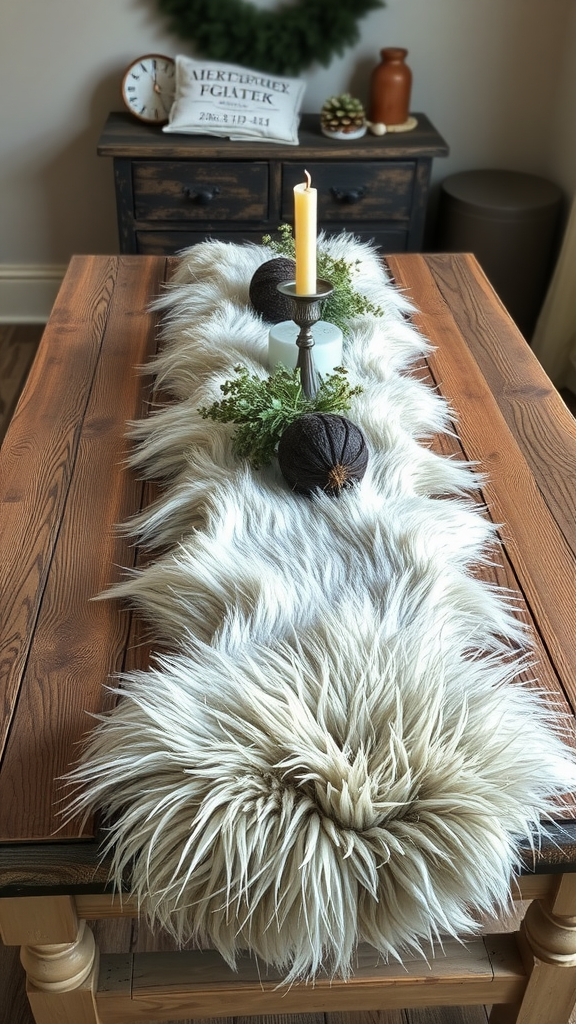 Faux fur table runner on a wooden table with candles and decorative items.