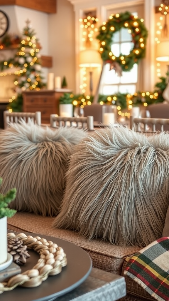 A cozy living room with faux fur throw pillows, decorated for Christmas with a tree and wreath.