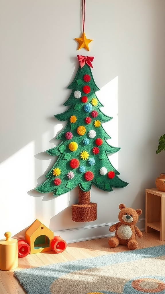 Colorful felt Christmas tree wall hanging with pom-poms and a star at the top