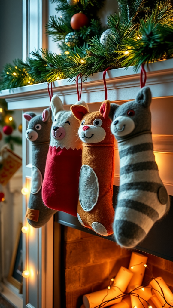 Four felted animal stockings hanging on a fireplace mantel, decorated for Christmas.