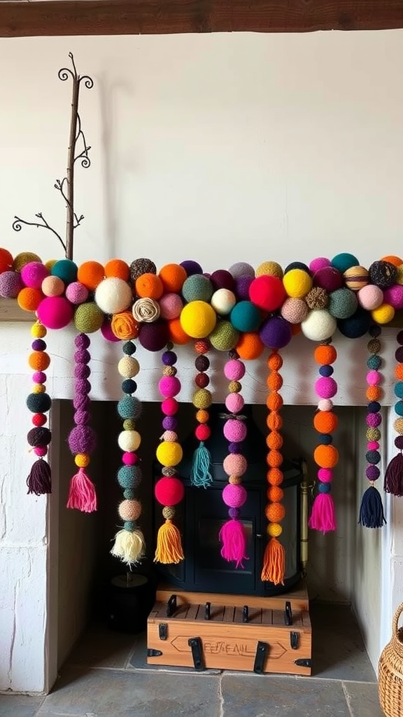 Colorful felted wool garlands hanging decoratively