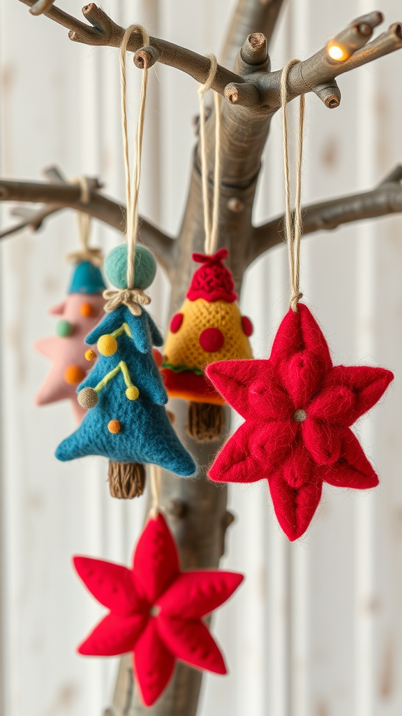 Colorful felted wool tree decorations hanging from a branch.