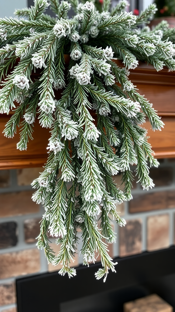 Frosted pine branches hanging over a wooden mantle