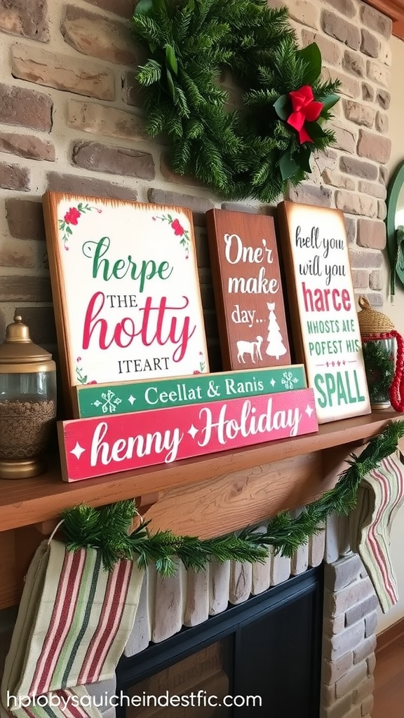 A cozy Christmas mantle featuring hand-painted holiday signs and a wreath.