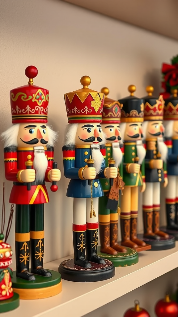 A collection of hand-painted nutcracker figurines on a shelf.