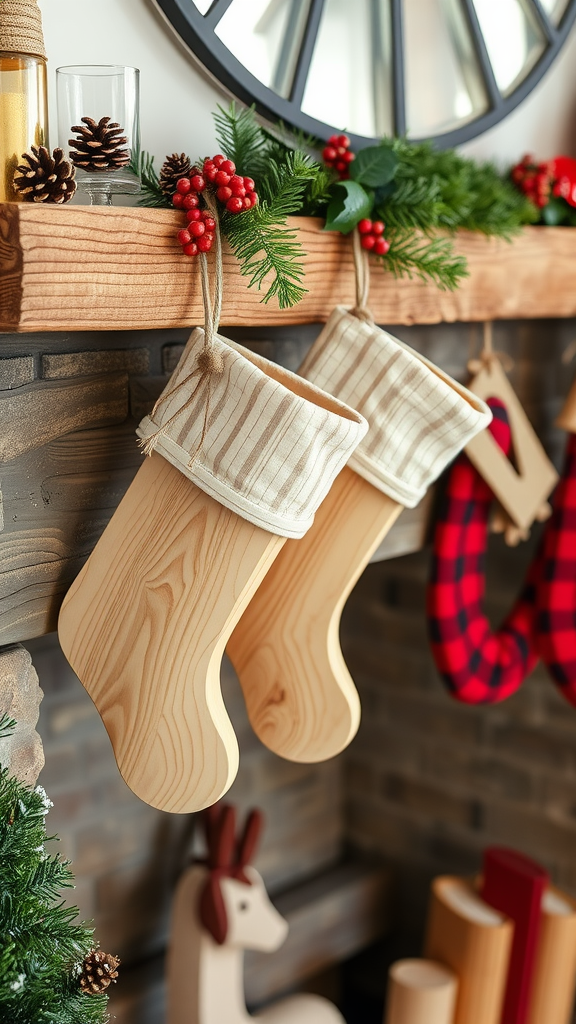 Handcrafted wooden stockings hanging from a rustic Christmas mantle decorated with greenery and pinecones.