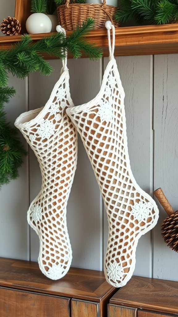 Handmade crochet stockings hanging on a wooden shelf decorated with greenery