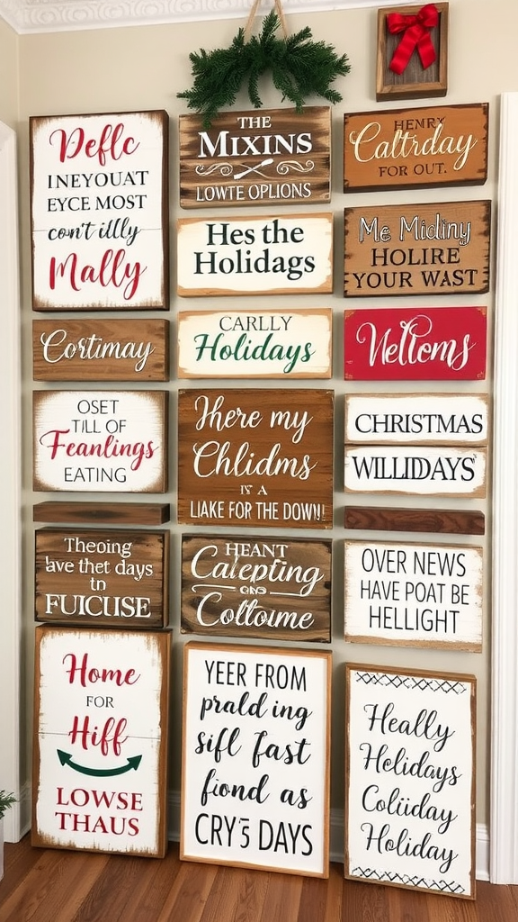 A collection of handmade holiday signs with festive phrases and rustic designs.