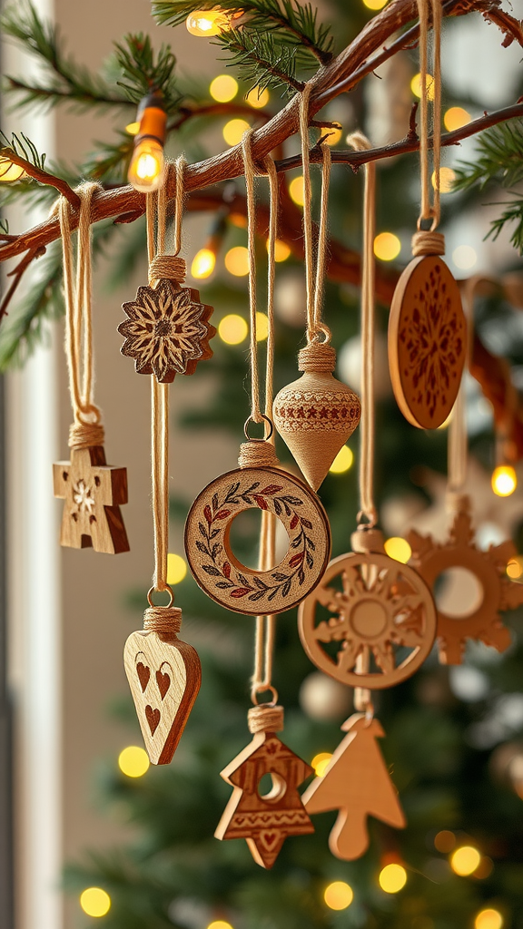 Handmade wooden ornaments hanging from a branch with Christmas lights in the background