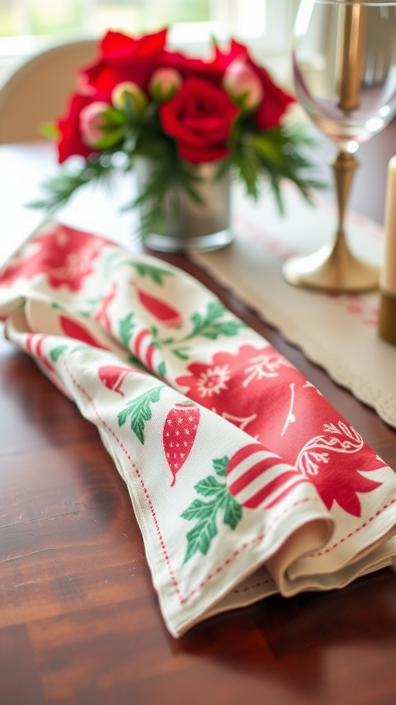 Holiday-themed cloth napkins on a wooden table with flowers and a glass.