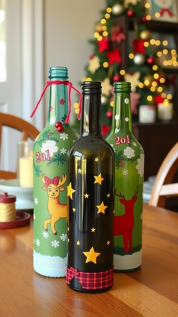 Three decorated glass bottles with festive designs for the holidays.