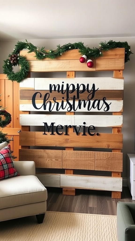 A festive pallet art display with the words 'Mippy Christmas Mervie.' decorated with greenery and ornaments.