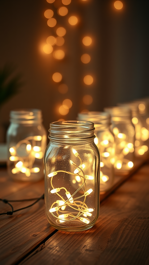 Mason jars filled with string lights on a wooden surface, creating a warm glow