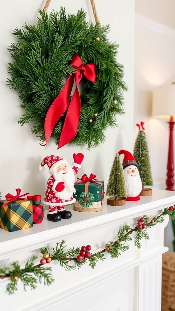 A festive Christmas mantle decorated with a wreath, Santa figurines, and gifts