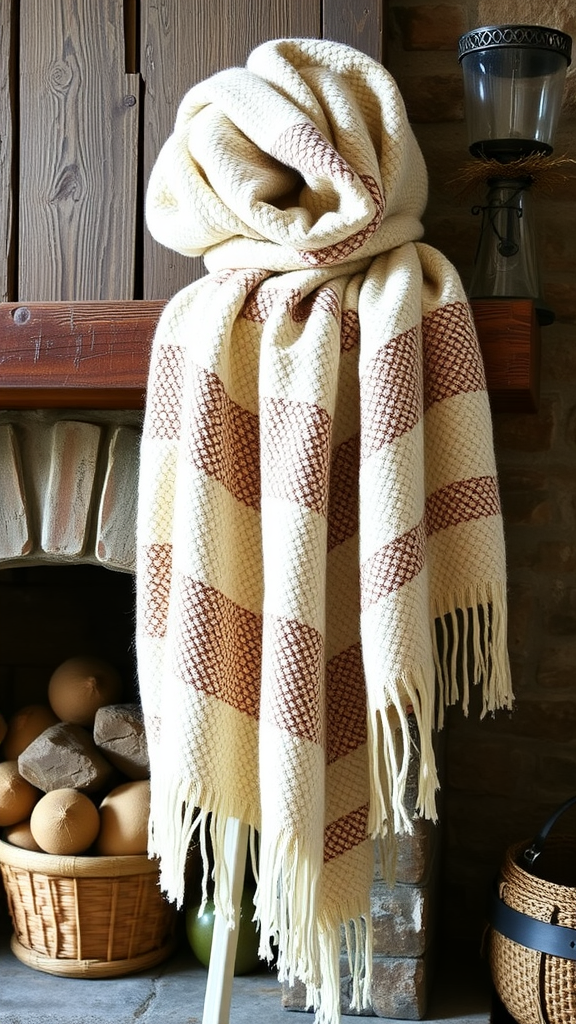 Cozy throw with a checked pattern draped over a wooden mantel