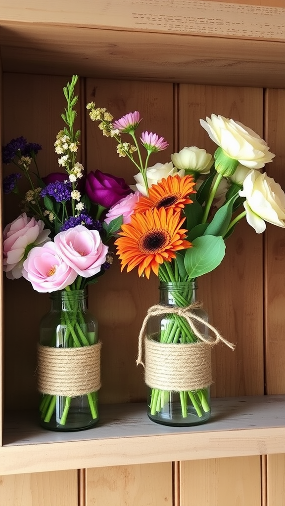 Two glass vases wrapped in jute rope filled with colorful artificial flowers, displayed on a wooden shelf.