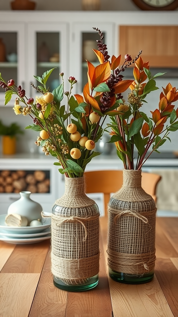 Two jute wrapped vases with colorful flowers on a wooden table