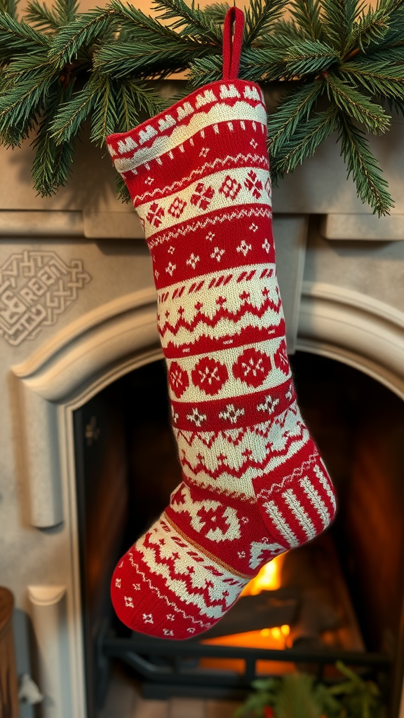 A red knit wool stocking with rustic patterns hanging near a fireplace.