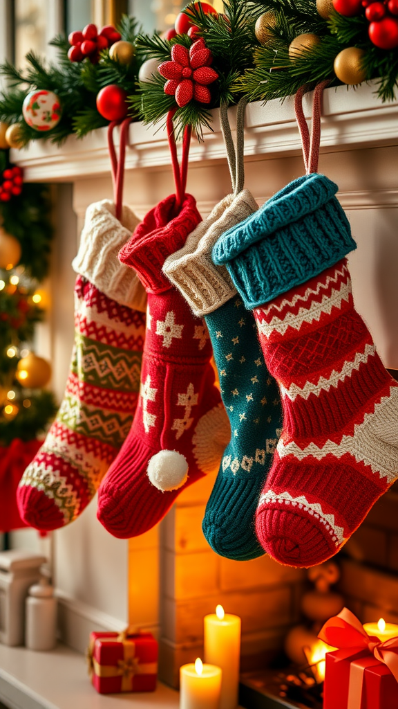 A collection of colorful knitted Christmas stockings hanging from a mantel, decorated with festive ornaments and candles.